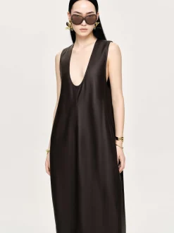Dresses-Source Unknown Adua Faux Leather Maxi Dress, Chocolate