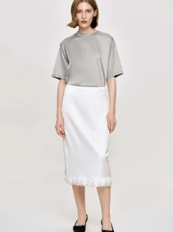 Bottoms-Source Unknown Applique Satin Skirt, White