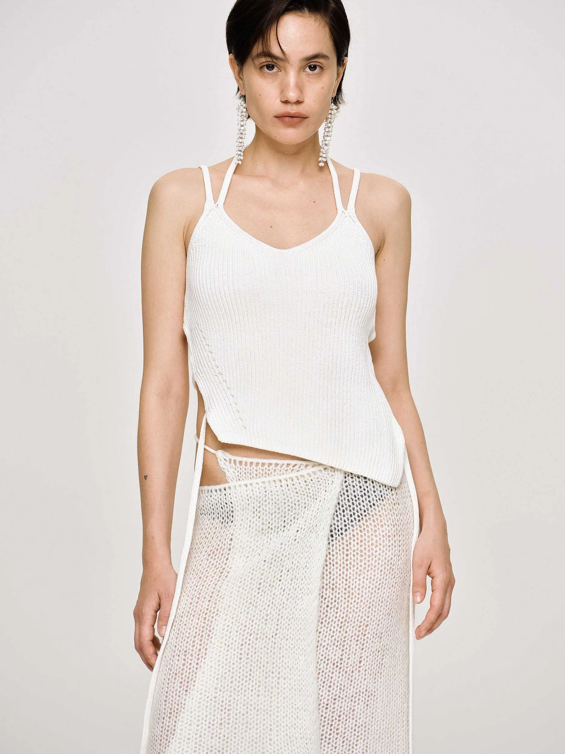 Knitwear-Source Unknown Asymmetric Knit Tank Top, White