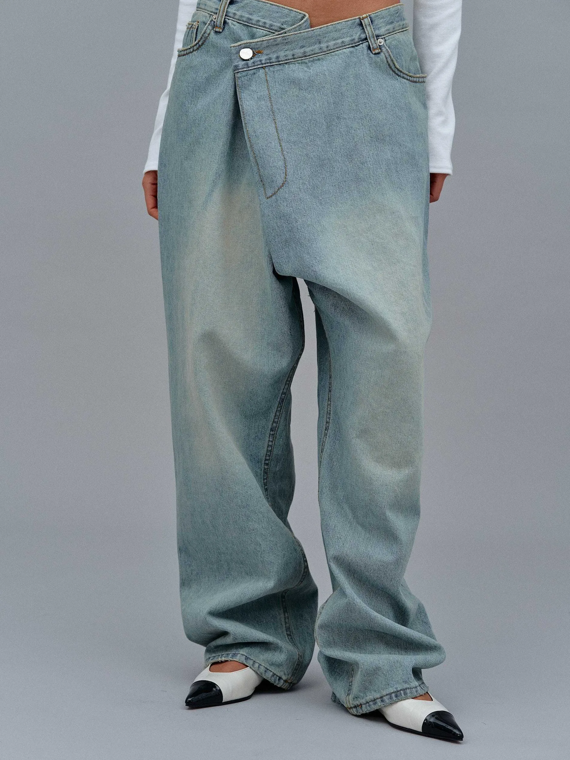 Clothing-Source Unknown Asymmetric Wrap Faded Jeans, Stone Wash