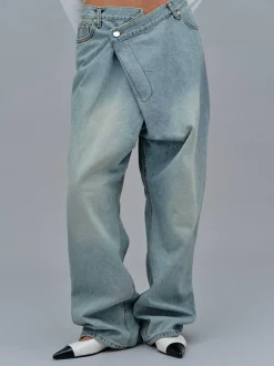 Clothing-Source Unknown Asymmetric Wrap Faded Jeans, Stone Wash