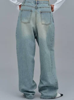 Denim-Source Unknown Asymmetric Wrap Faded Jeans, Stone Wash