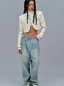 Denim-Source Unknown Asymmetric Wrap Faded Jeans, Stone Wash