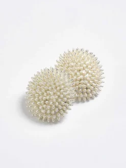Accessories-Source Unknown Beaded Ball Earrings, Cream