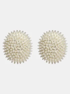 Clothing-Source Unknown Beaded Ball Earrings, Cream