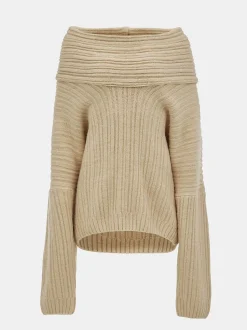 Accessories-Source Unknown Becca Oversized High Roll Knit Pullover, Butter