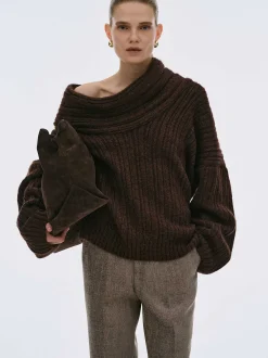 Accessories-Source Unknown Becca Oversized High Roll Knit Pullover, Chocolate