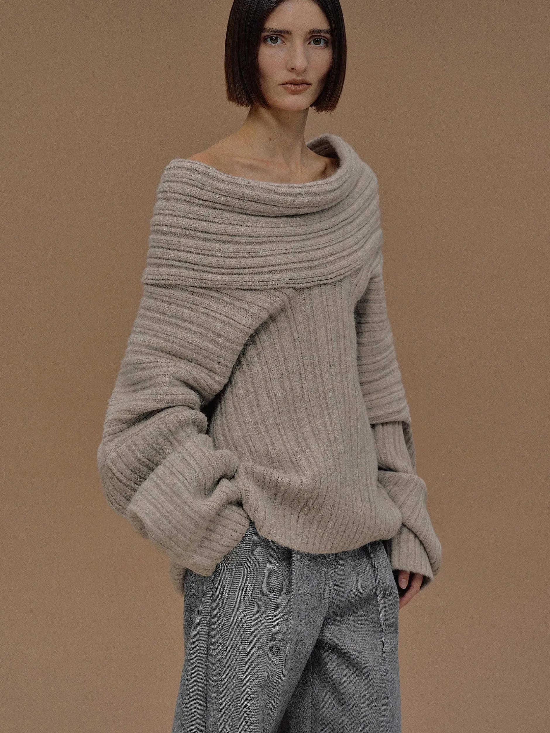 Accessories-Source Unknown Becca Oversized High Roll Knit Pullover, Coconut