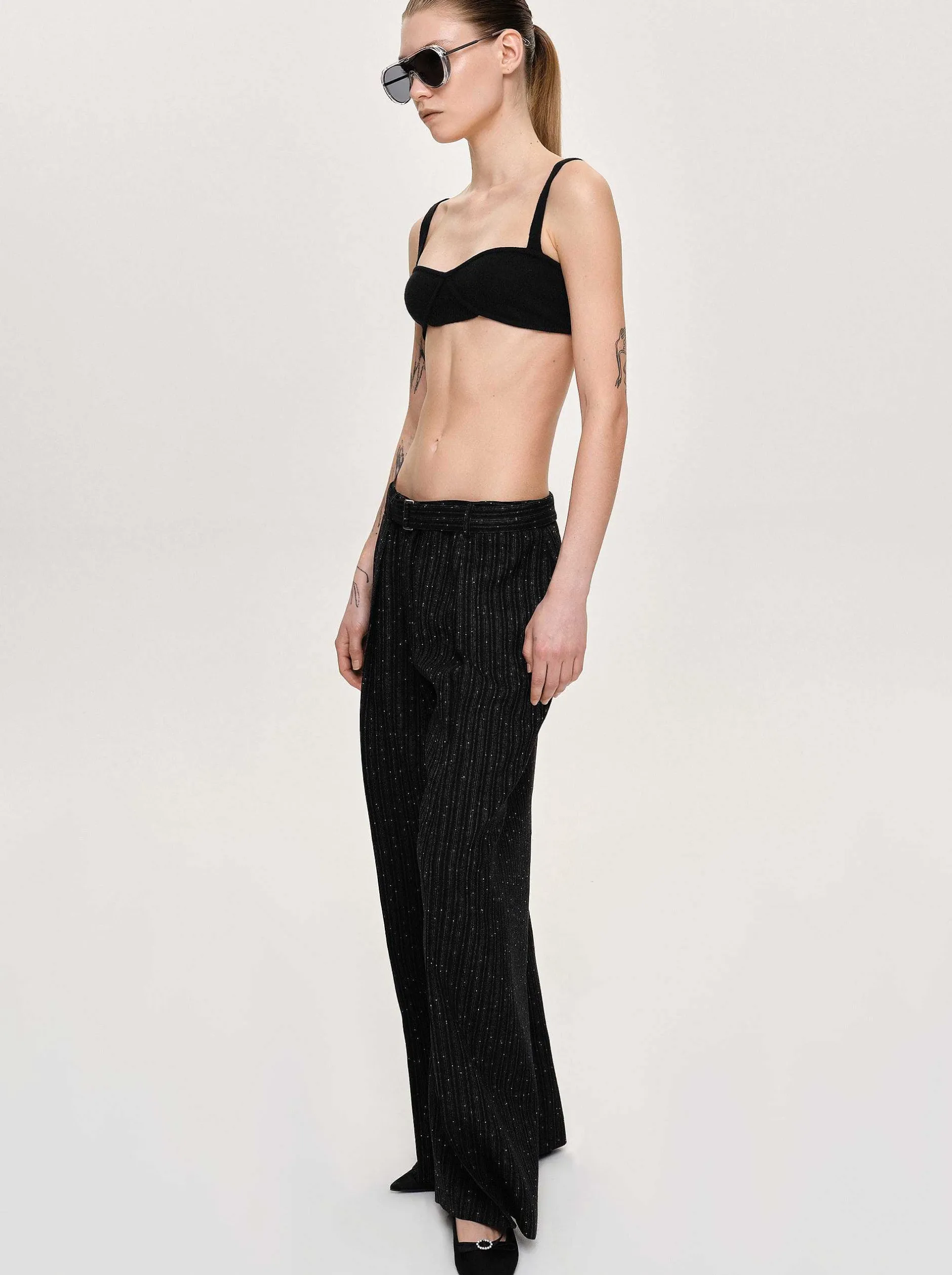 Clothing-Source Unknown Belted Suit Trousers, Black Stripe