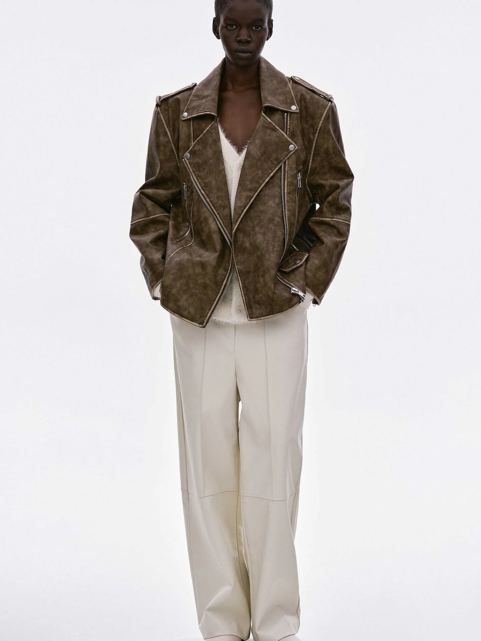 Accessories-Source Unknown Bianca Faux Leather Biker Jacket, Washed Brown