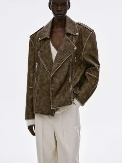 Accessories-Source Unknown Bianca Faux Leather Biker Jacket, Washed Brown