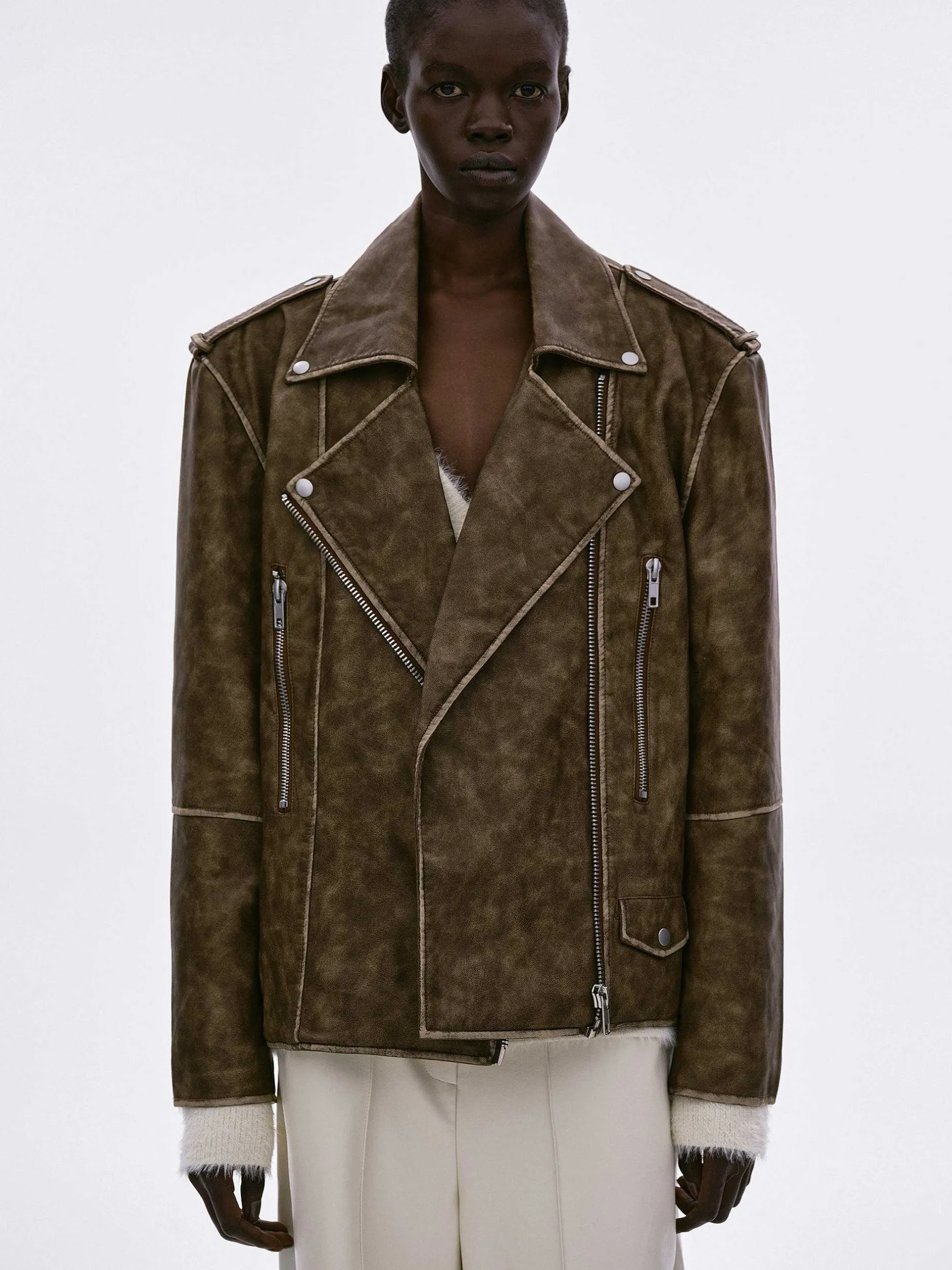 Accessories-Source Unknown Bianca Faux Leather Biker Jacket, Washed Brown