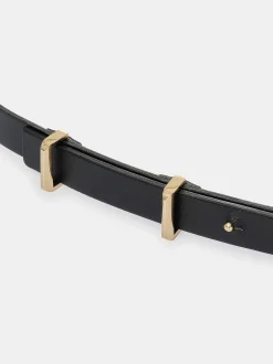 Accessories-Source Unknown Calfskin Leather Skinny Belt, Black
