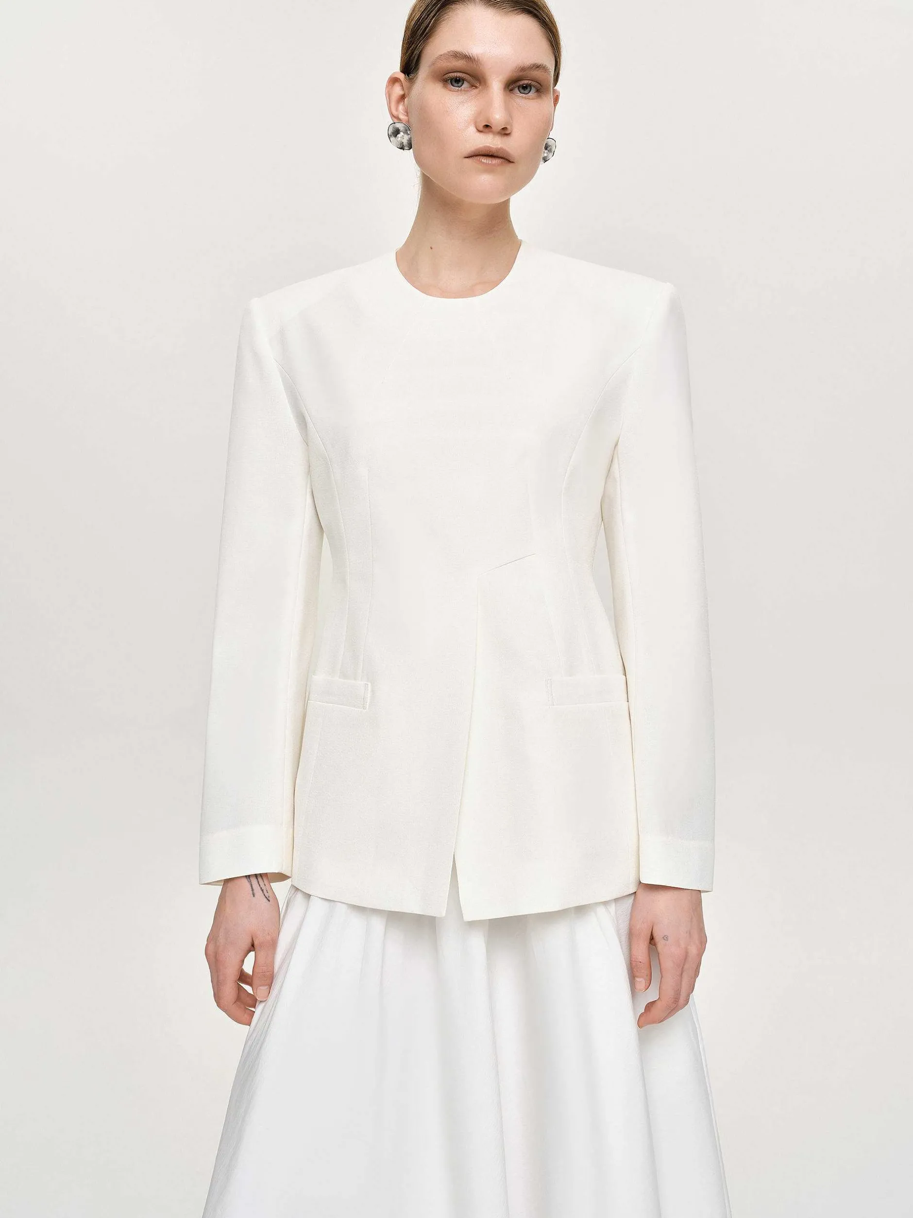 Accessories-Source Unknown Cinched Waist Split Jacket, Ivory