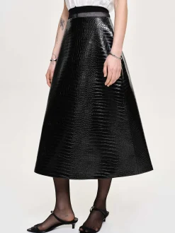 Clothing-Source Unknown Croc-Embossed Midi Skirt, Black