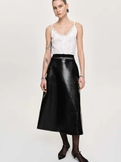 Bottoms-Source Unknown Croc-Embossed Midi Skirt, Black