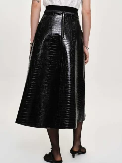 Bottoms-Source Unknown Croc-Embossed Midi Skirt, Black