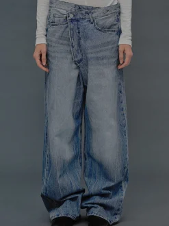 Clothing-Source Unknown Deconstructed Crossover Jeans, Medium Blue