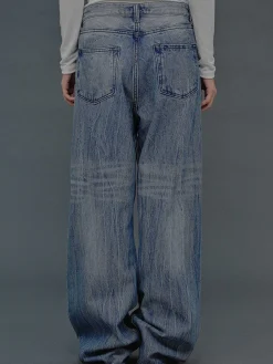 Clothing-Source Unknown Deconstructed Crossover Jeans, Medium Blue
