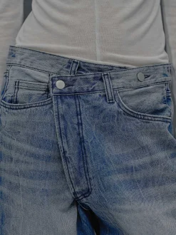 Clothing-Source Unknown Deconstructed Crossover Jeans, Medium Blue