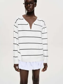 Clothing-Source Unknown Deep V-Neck Sweater, White Stripe