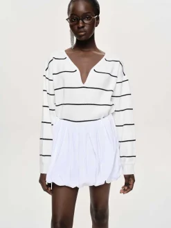 Knitwear-Source Unknown Deep V-Neck Sweater, White Stripe