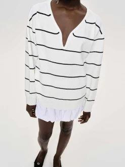 Knitwear-Source Unknown Deep V-Neck Sweater, White Stripe
