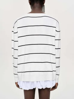 Knitwear-Source Unknown Deep V-Neck Sweater, White Stripe