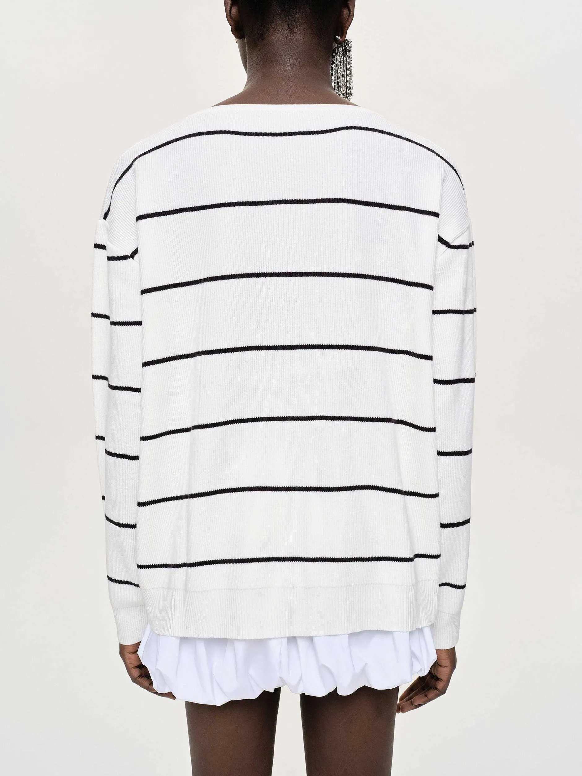 Knitwear-Source Unknown Deep V-Neck Sweater, White Stripe
