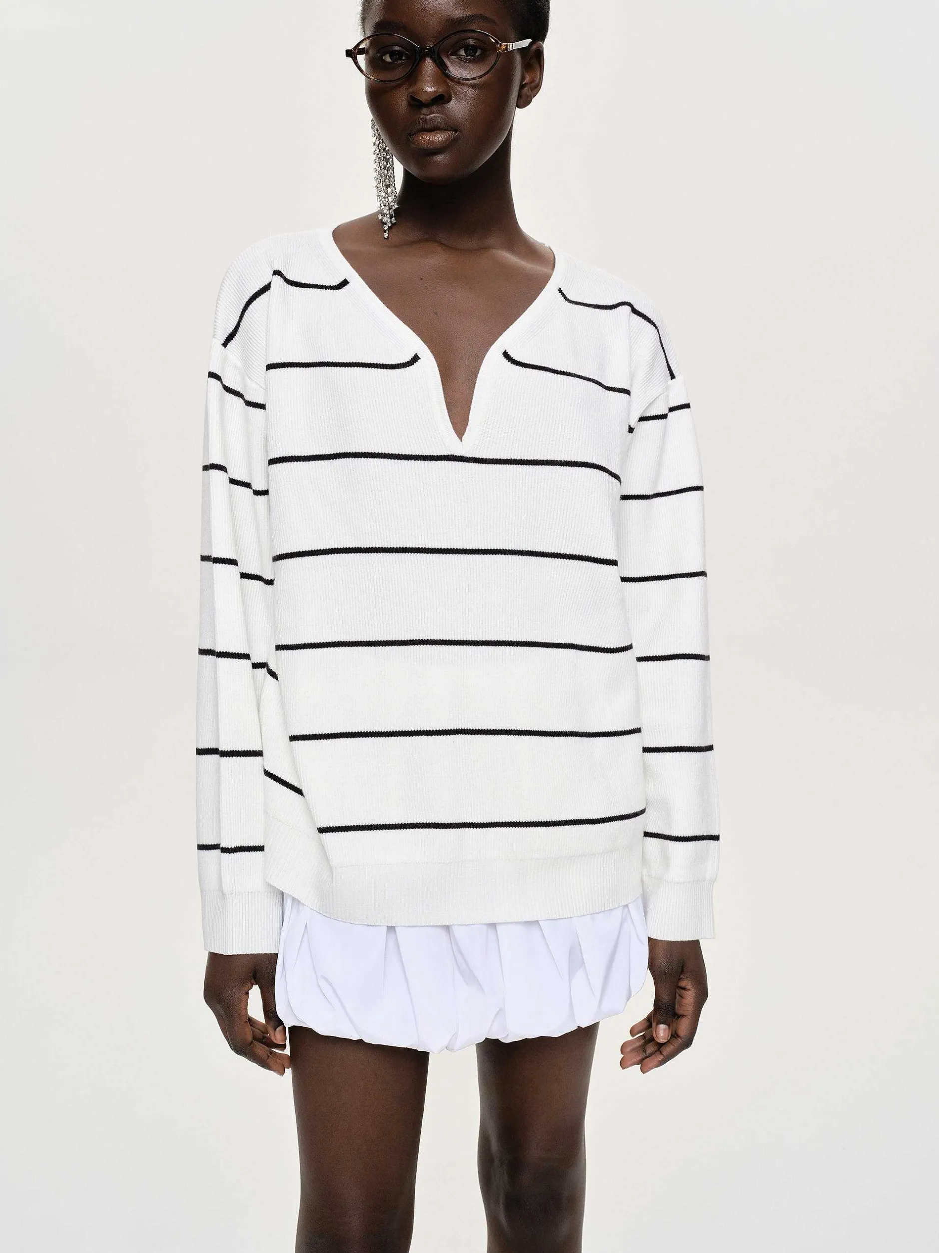 Knitwear-Source Unknown Deep V-Neck Sweater, White Stripe