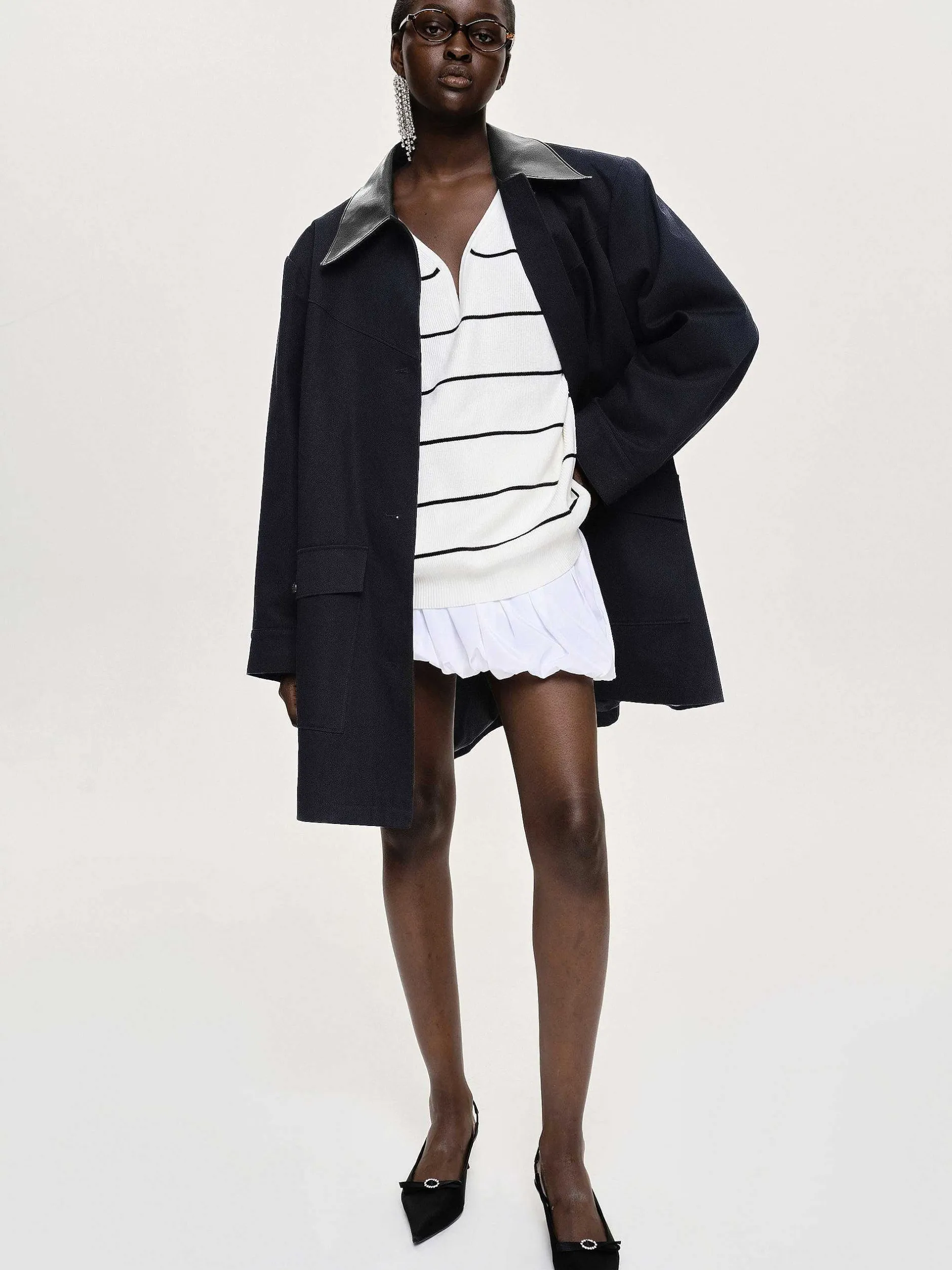 Knitwear-Source Unknown Deep V-Neck Sweater, White Stripe