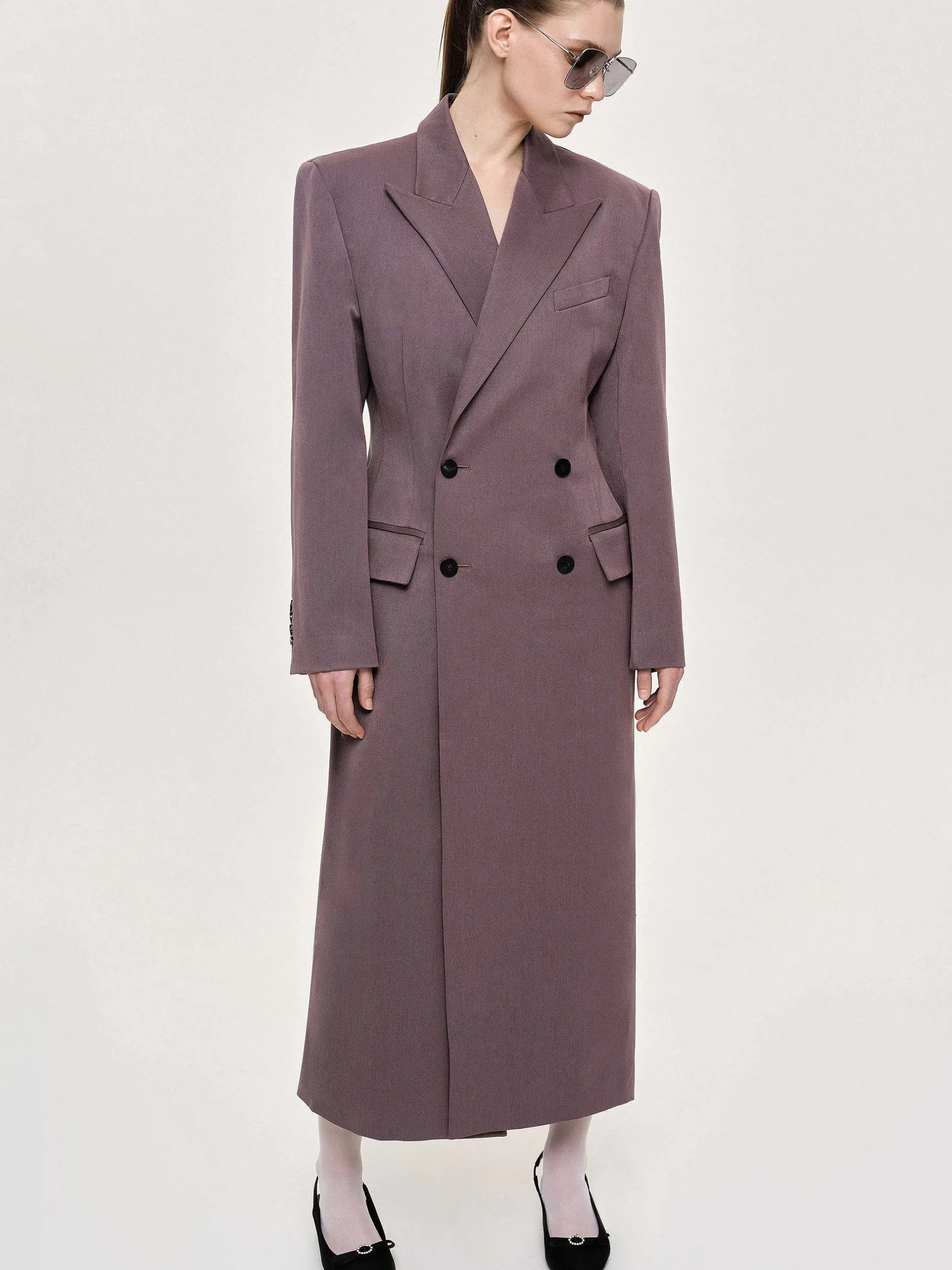 Outerwear-Source Unknown Delphina Long Hourglass Coat, Mauve Grey