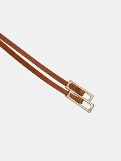 Clothing-Source Unknown Double Thin Leather Belt, Tan