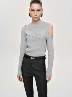 Knitwear-Source Unknown Draped Cut-Out Knit, Taupe Gray