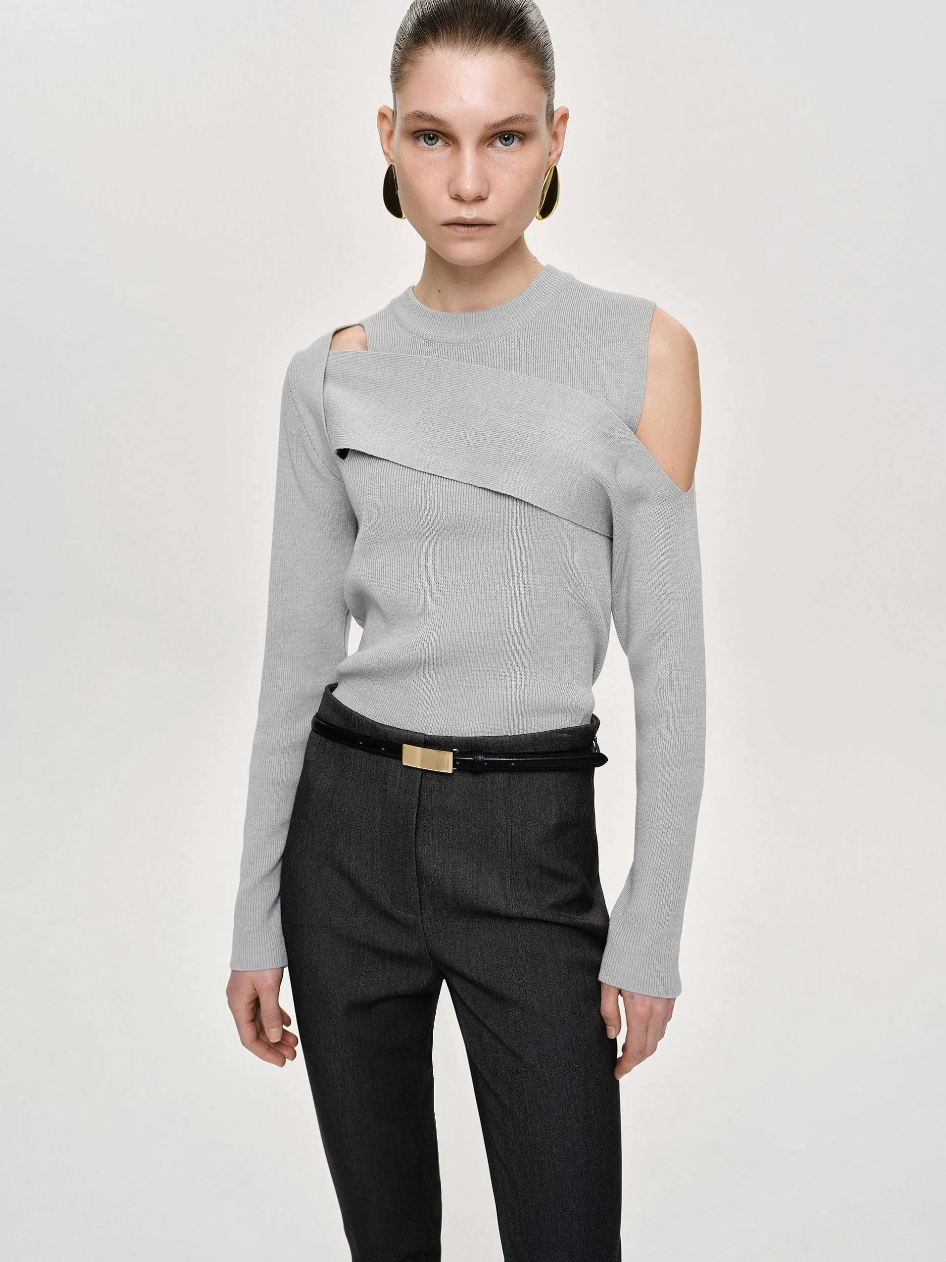Knitwear-Source Unknown Draped Cut-Out Knit, Taupe Gray
