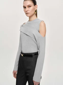 Knitwear-Source Unknown Draped Cut-Out Knit, Taupe Gray