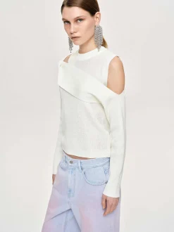 Knitwear-Source Unknown Draped Cut-Out Knit, White