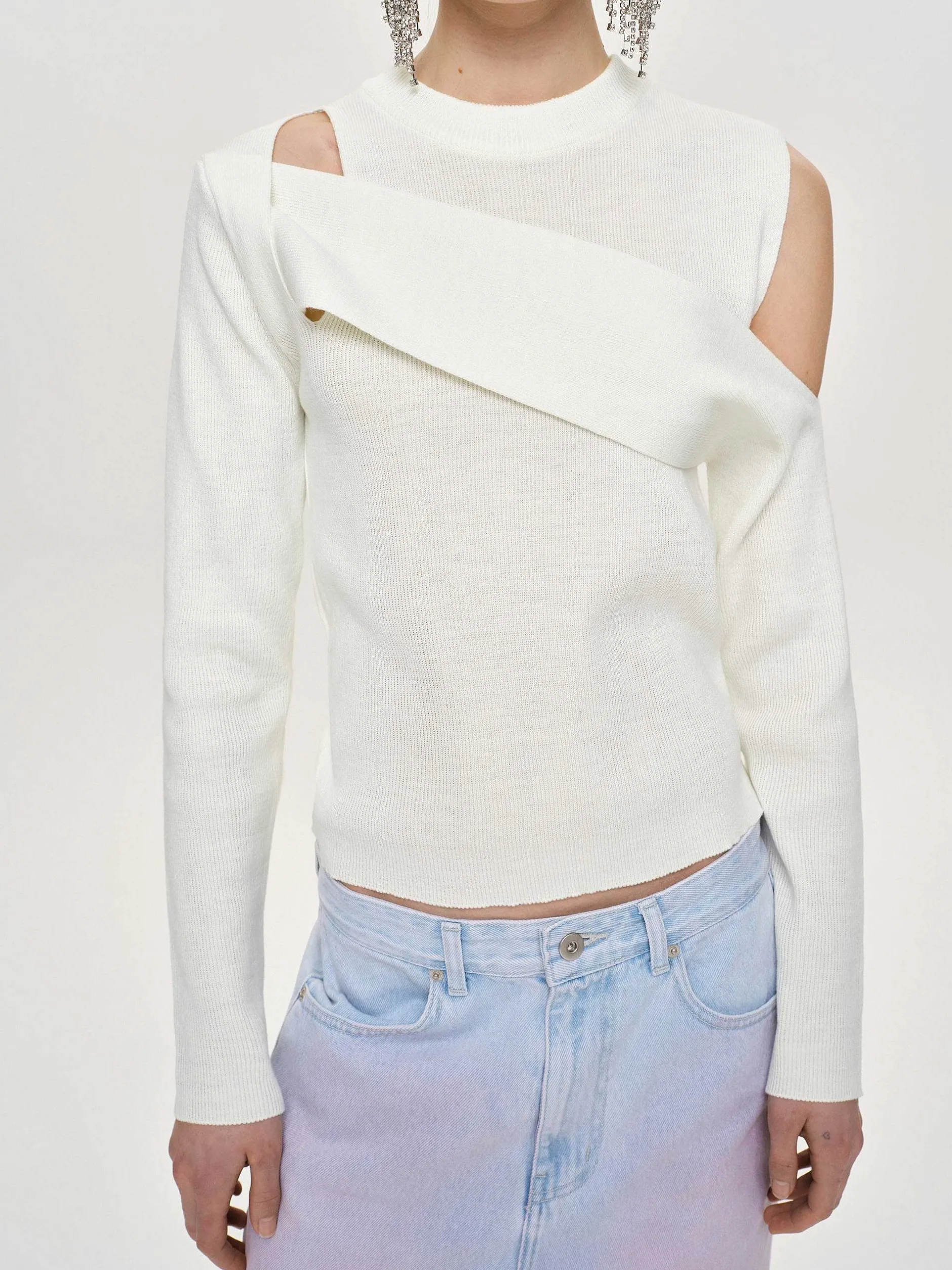 Knitwear-Source Unknown Draped Cut-Out Knit, White