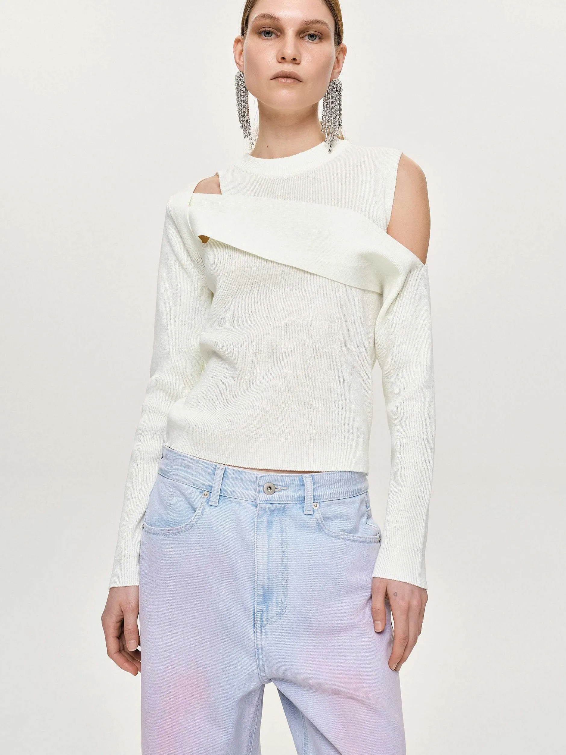 Knitwear-Source Unknown Draped Cut-Out Knit, White