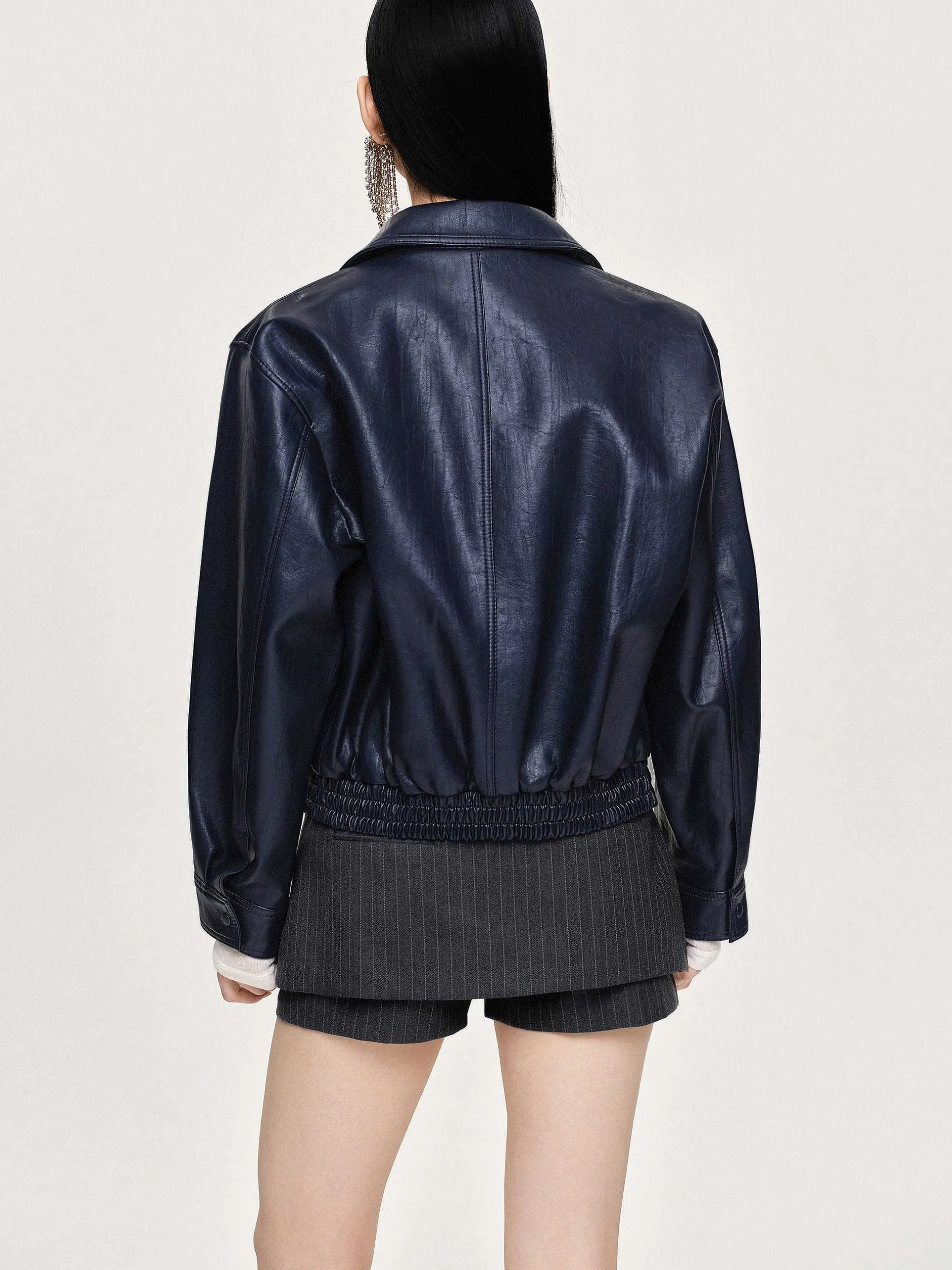 Accessories-Source Unknown Ennio Faux-Leather Bomber Jacket, Navy