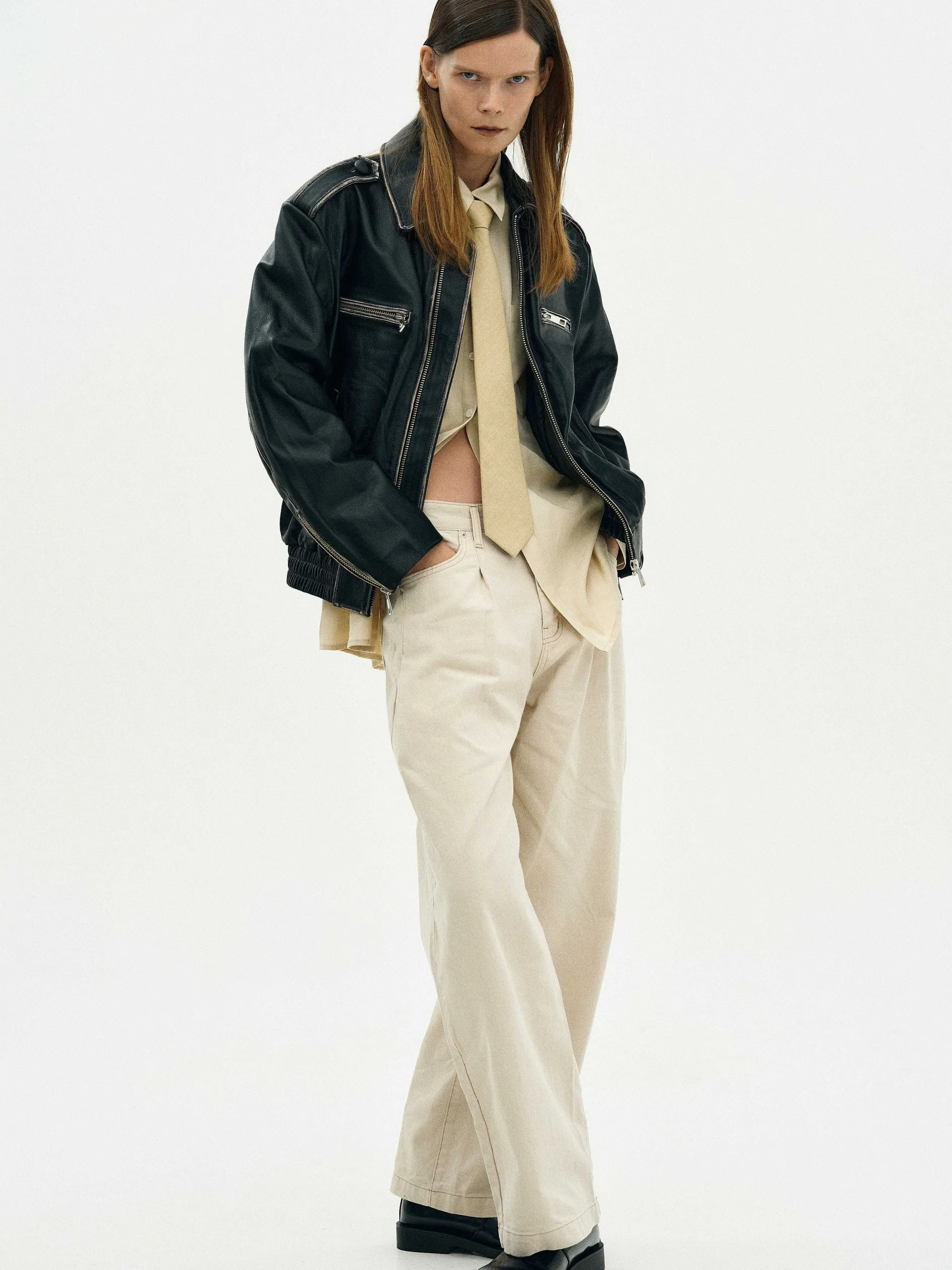 Outerwear-Source Unknown Faded Leather Jacket, Black