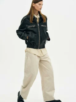 Outerwear-Source Unknown Faded Leather Jacket, Black