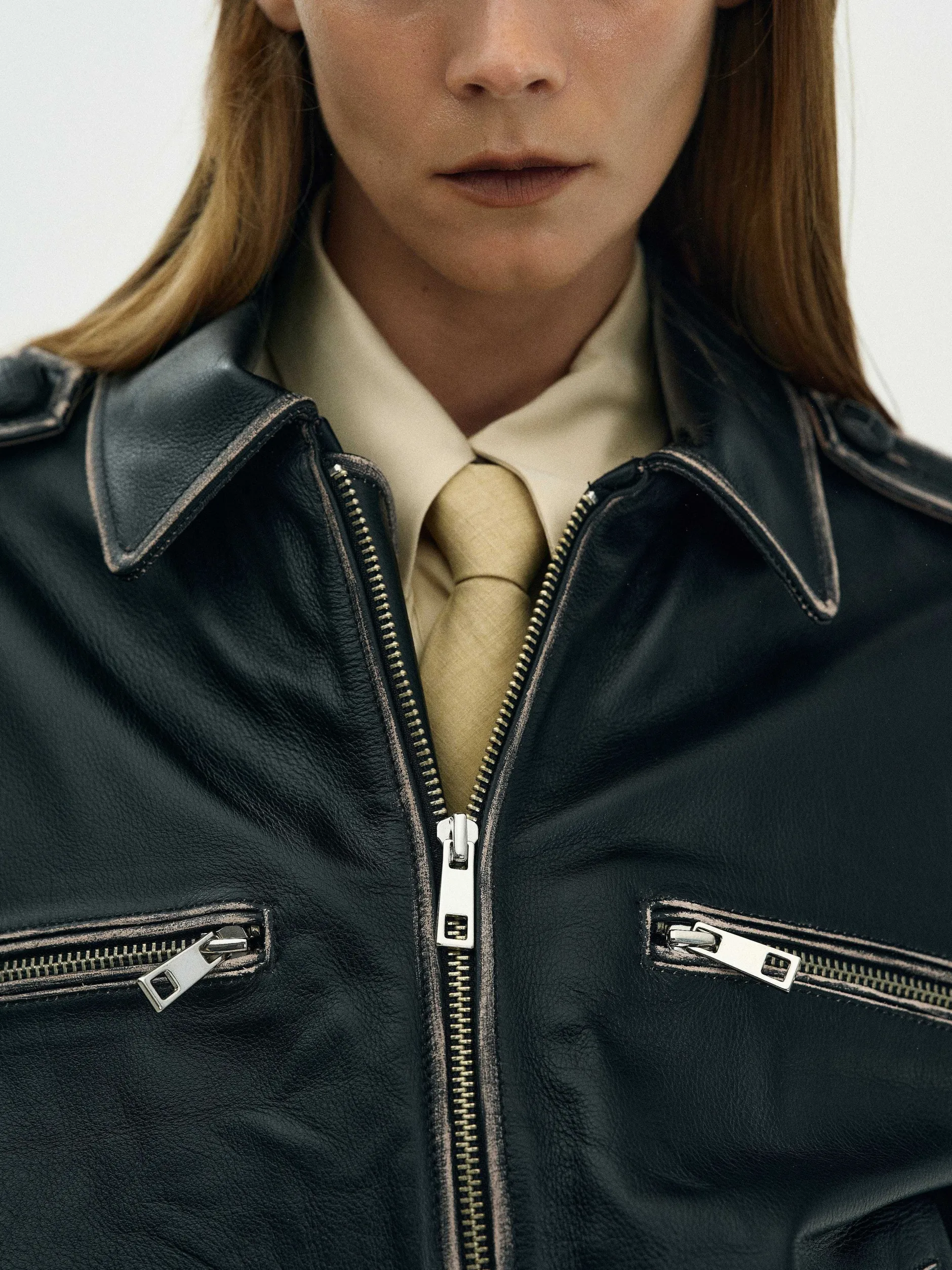 Outerwear-Source Unknown Faded Leather Jacket, Black