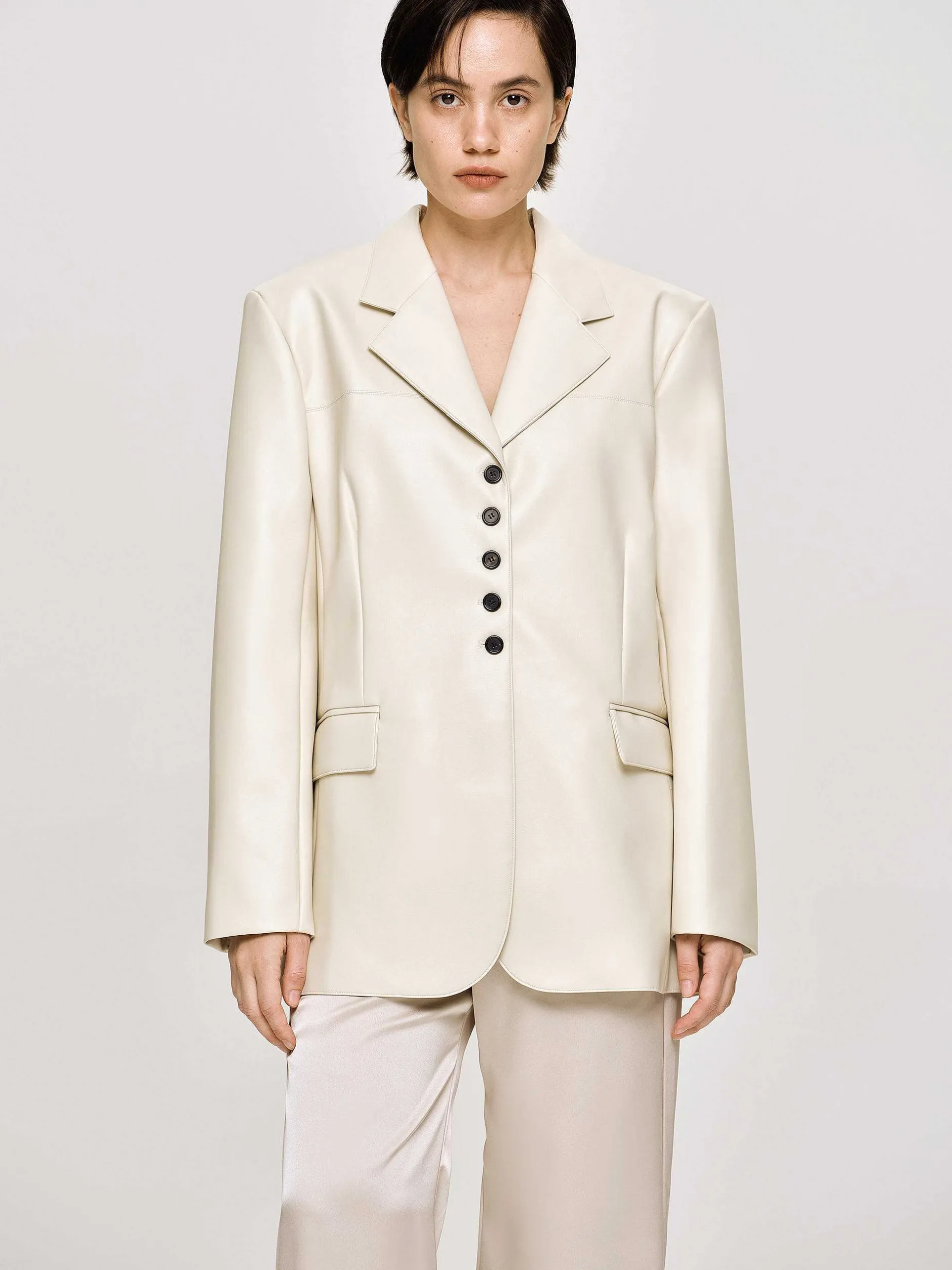 Clothing-Source Unknown Faux Leather Button Jacket, Warm Beige