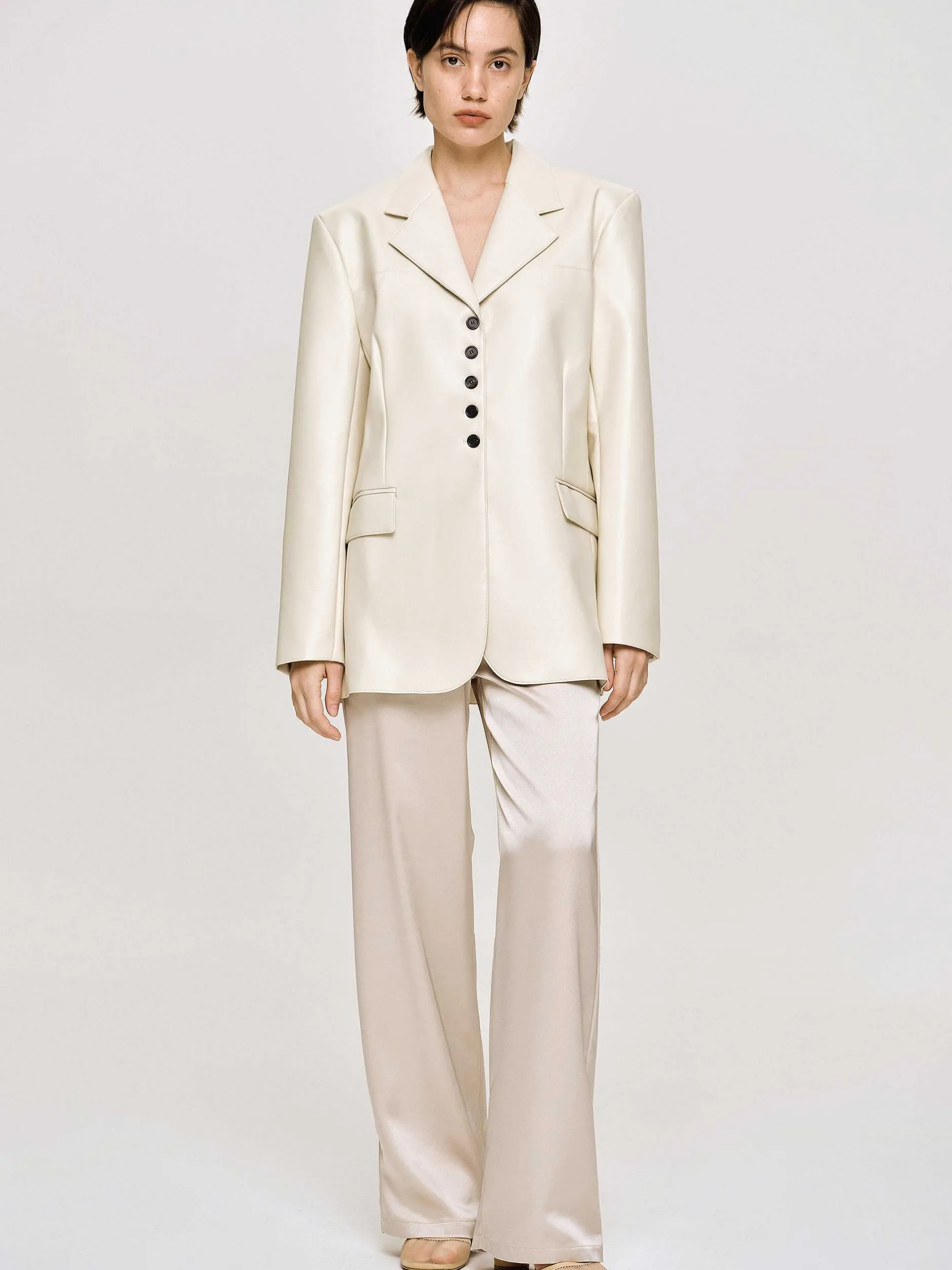 Clothing-Source Unknown Faux Leather Button Jacket, Warm Beige