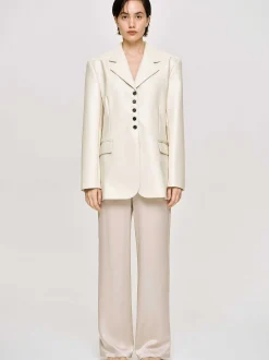 Clothing-Source Unknown Faux Leather Button Jacket, Warm Beige