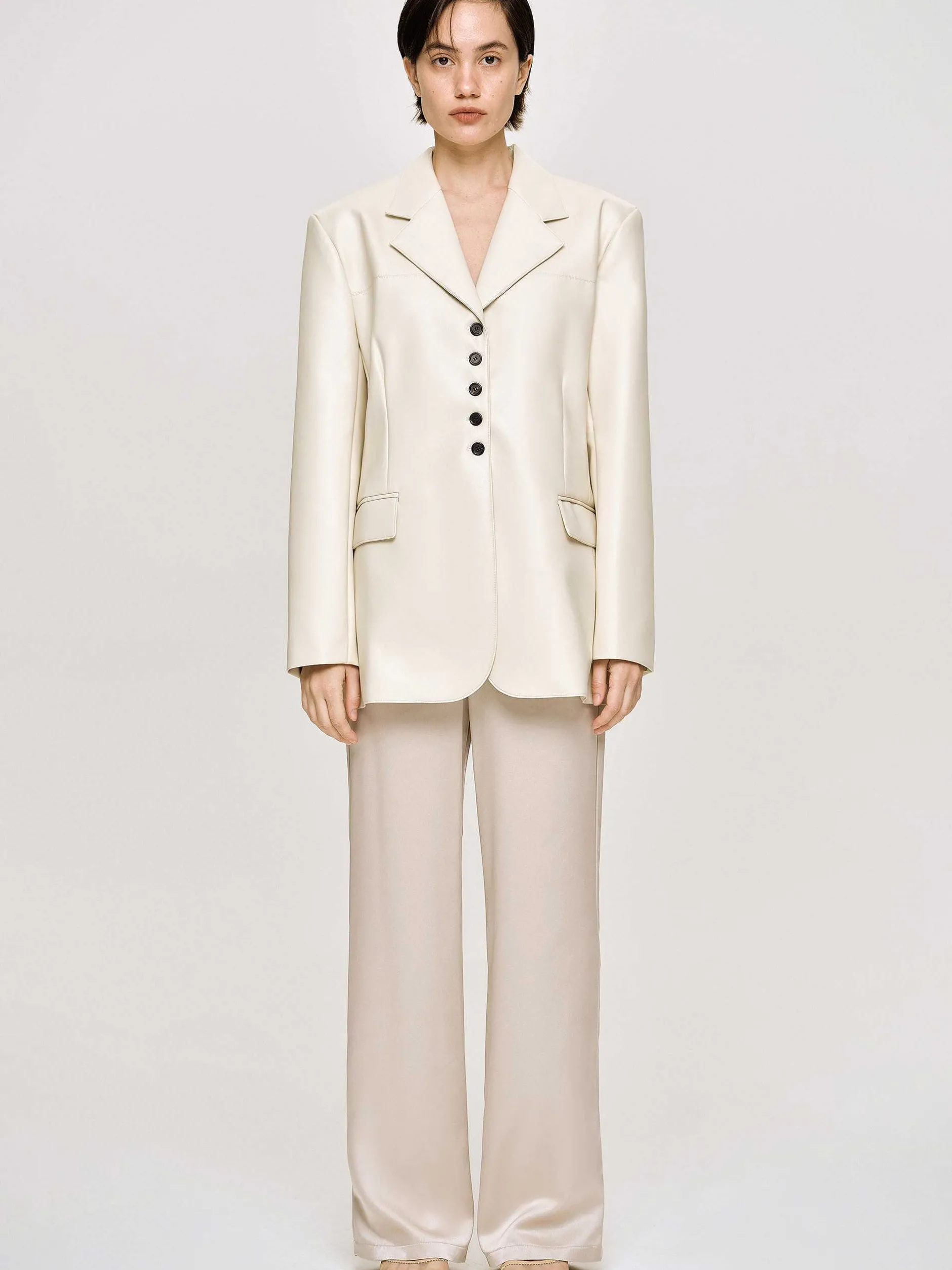 Clothing-Source Unknown Faux Leather Button Jacket, Warm Beige