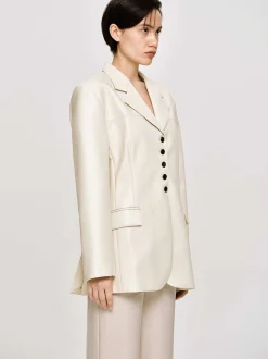 Clothing-Source Unknown Faux Leather Button Jacket, Warm Beige