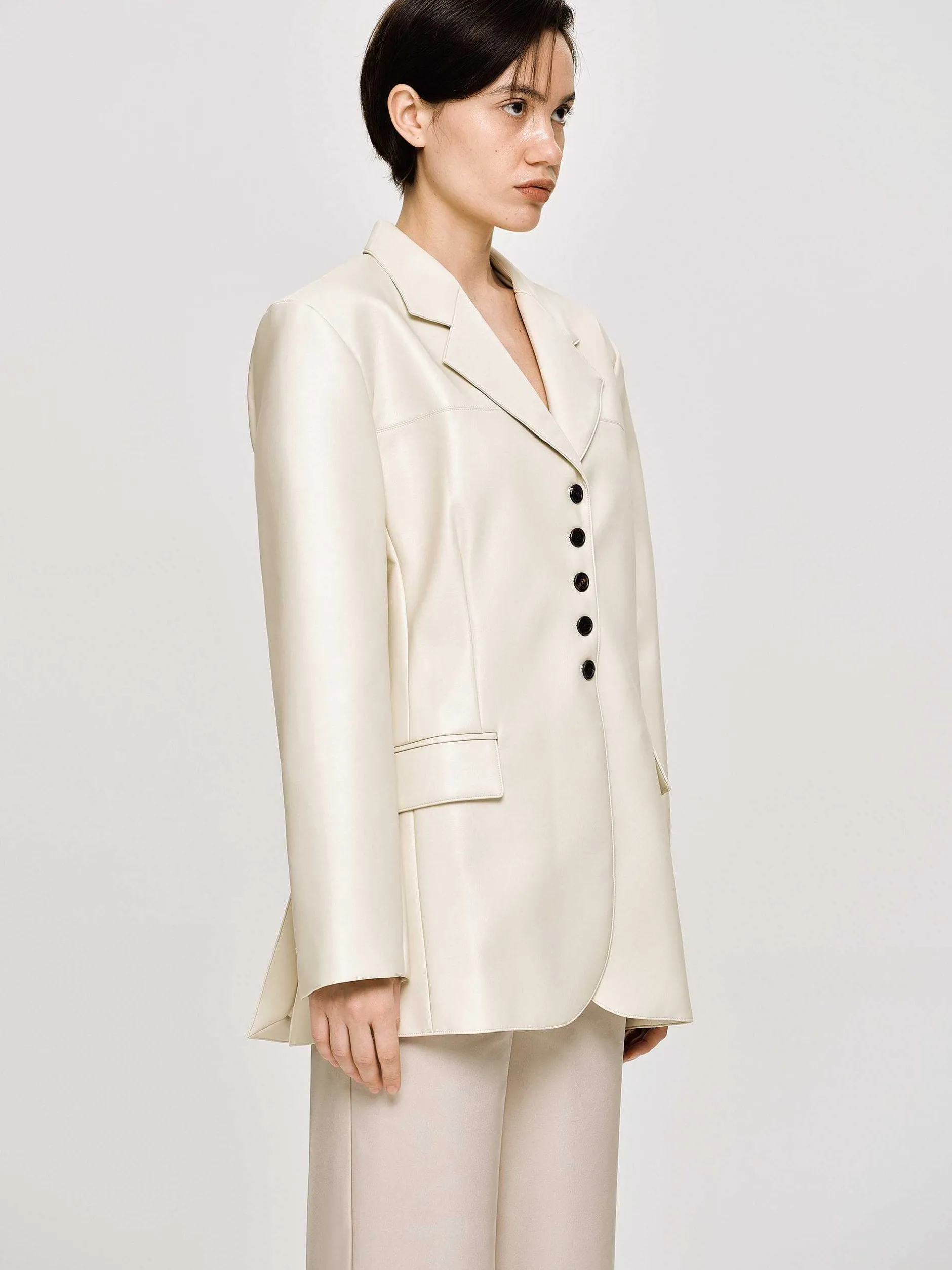 Clothing-Source Unknown Faux Leather Button Jacket, Warm Beige