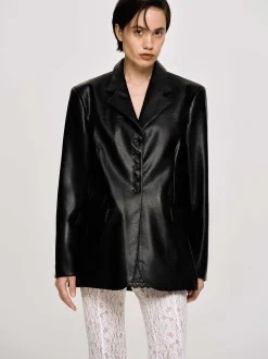 Outerwear-Source Unknown Faux Leather Button Jacket, Black